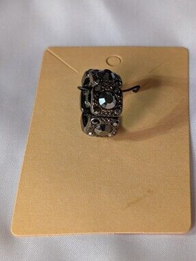 Chunky Gunmetal Hematite Rhinestone Square Panel Statement Stretch Ring